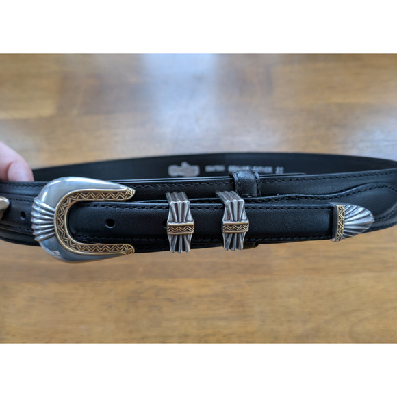New Black Leather Belt Mixed Metal Buckle Southwestern Style 80s LA Goth Size 32 - Picture 1 of 8